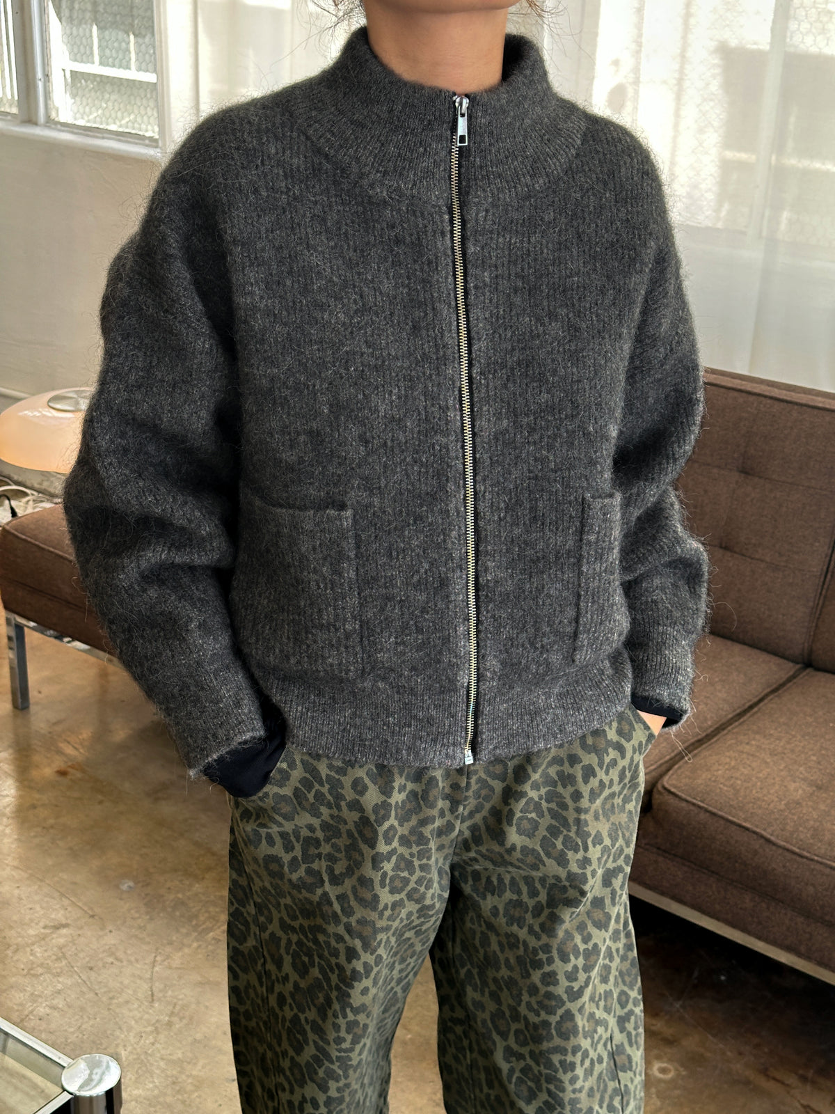 Alpaca Zip Front Jacket- Charcoal