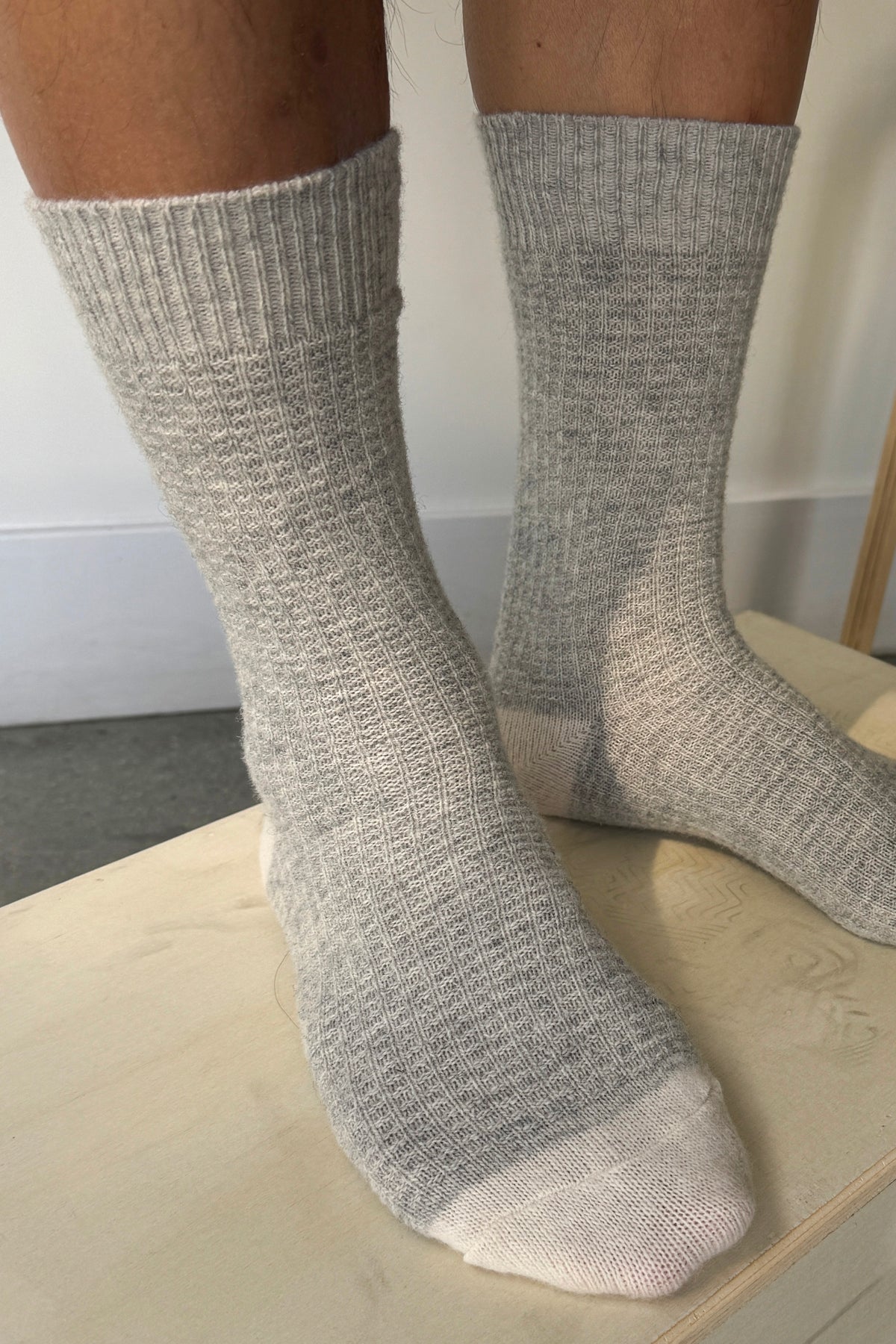 Extended Wool Waffled Socks - Stone/Cream