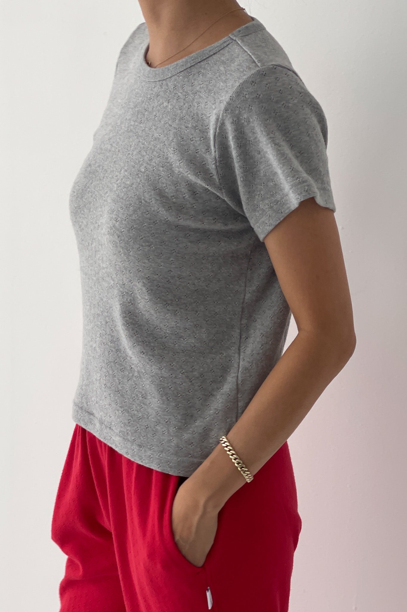 Pointelle Babe Tee - Melange Grey