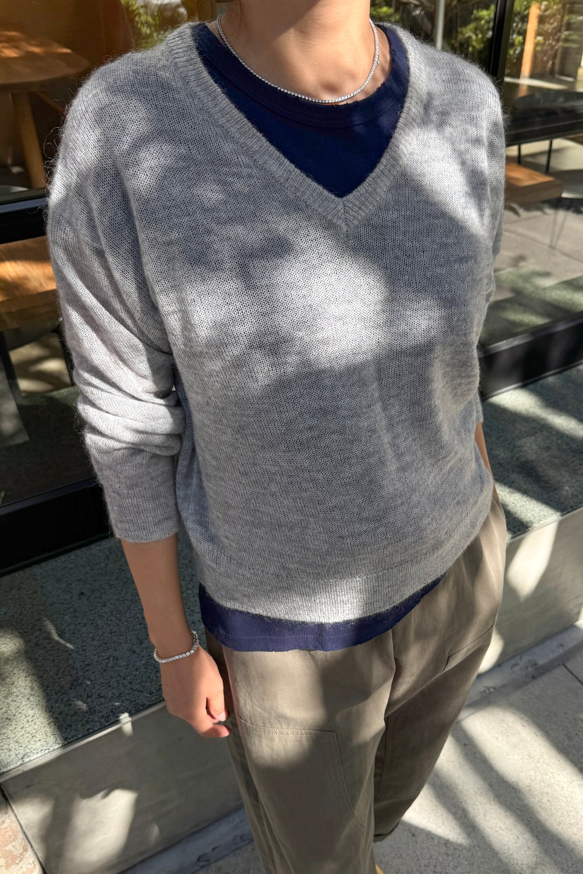 Matthew V-Neck Mohair Sweater- Icy Grey