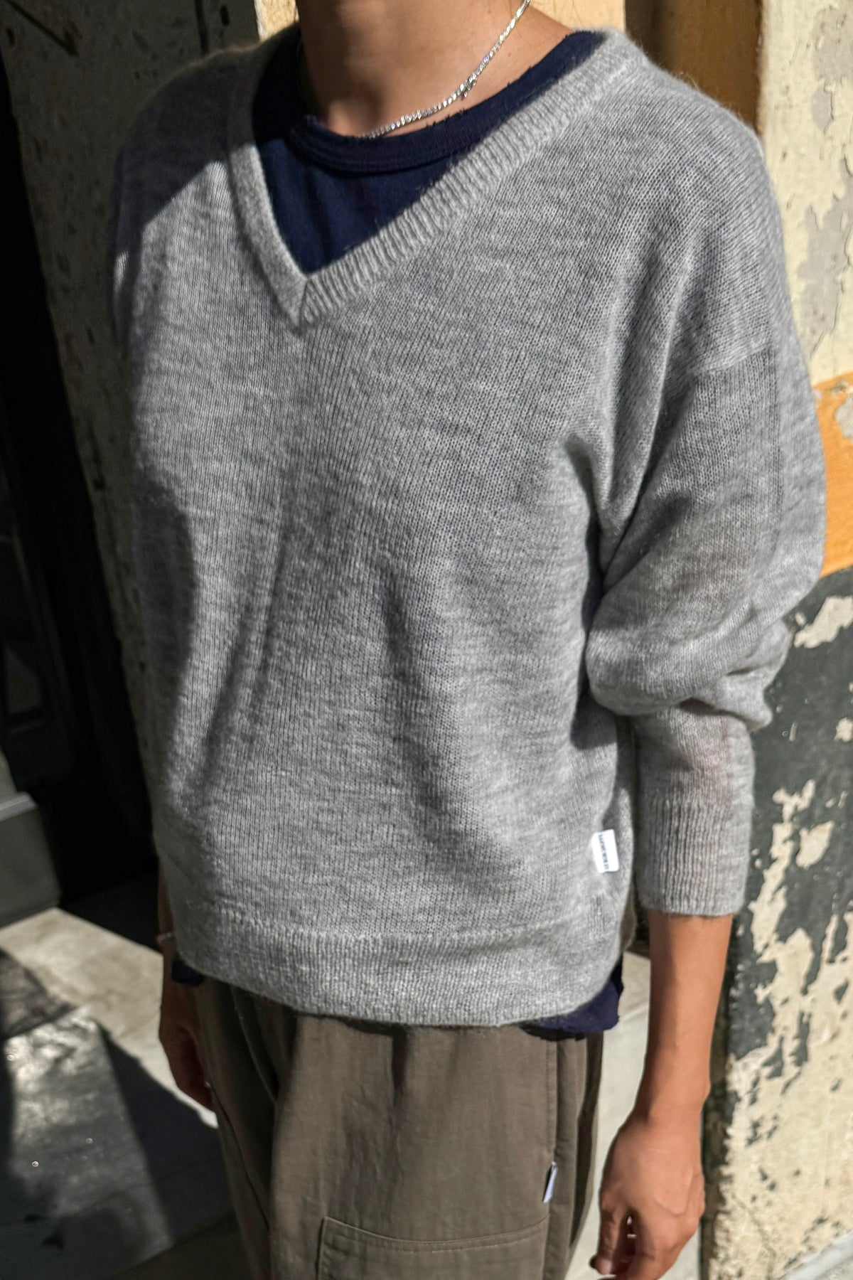 Matthew V-Neck Mohair Sweater- Icy Grey