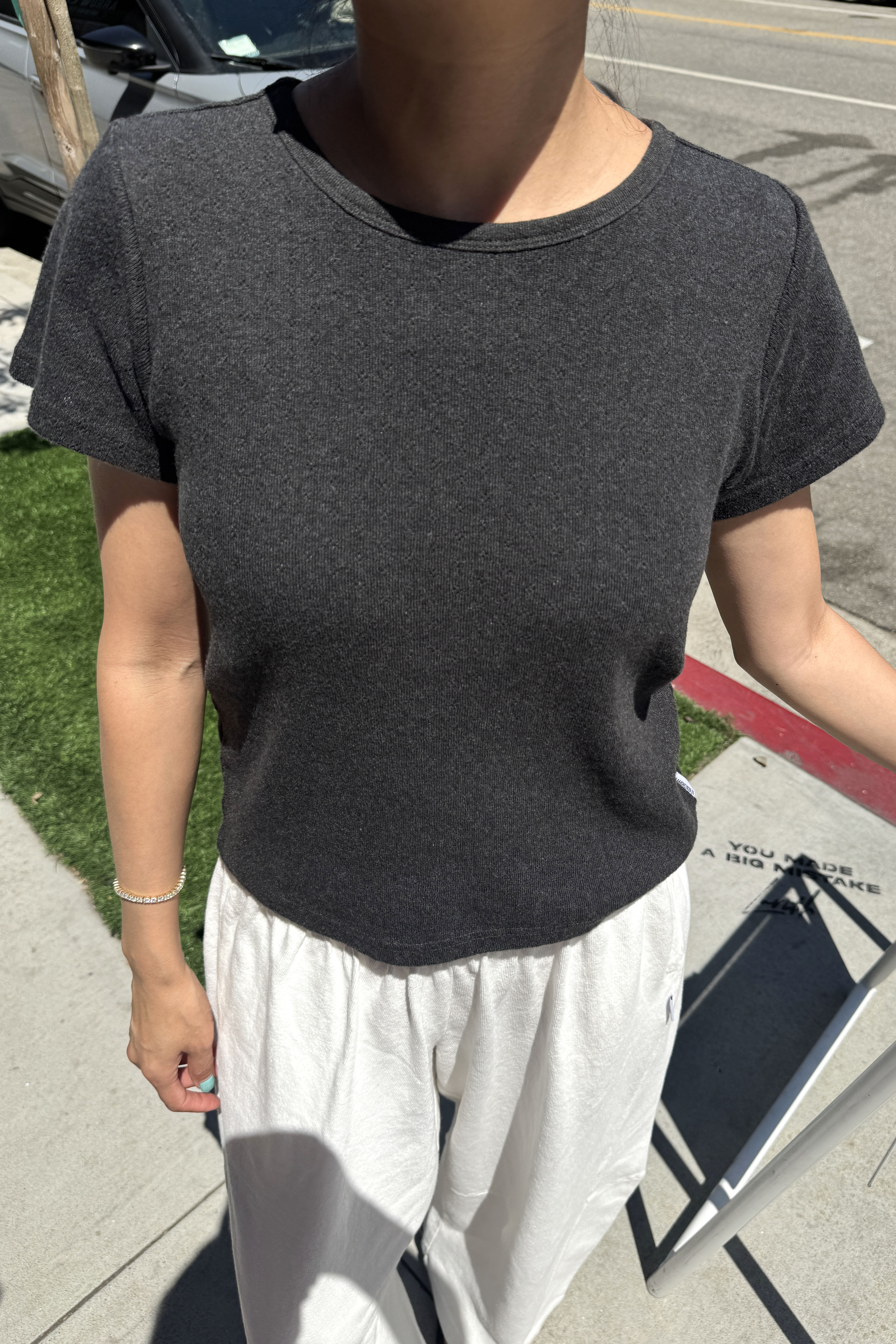 Pointelle Babe Tee - Charcoal