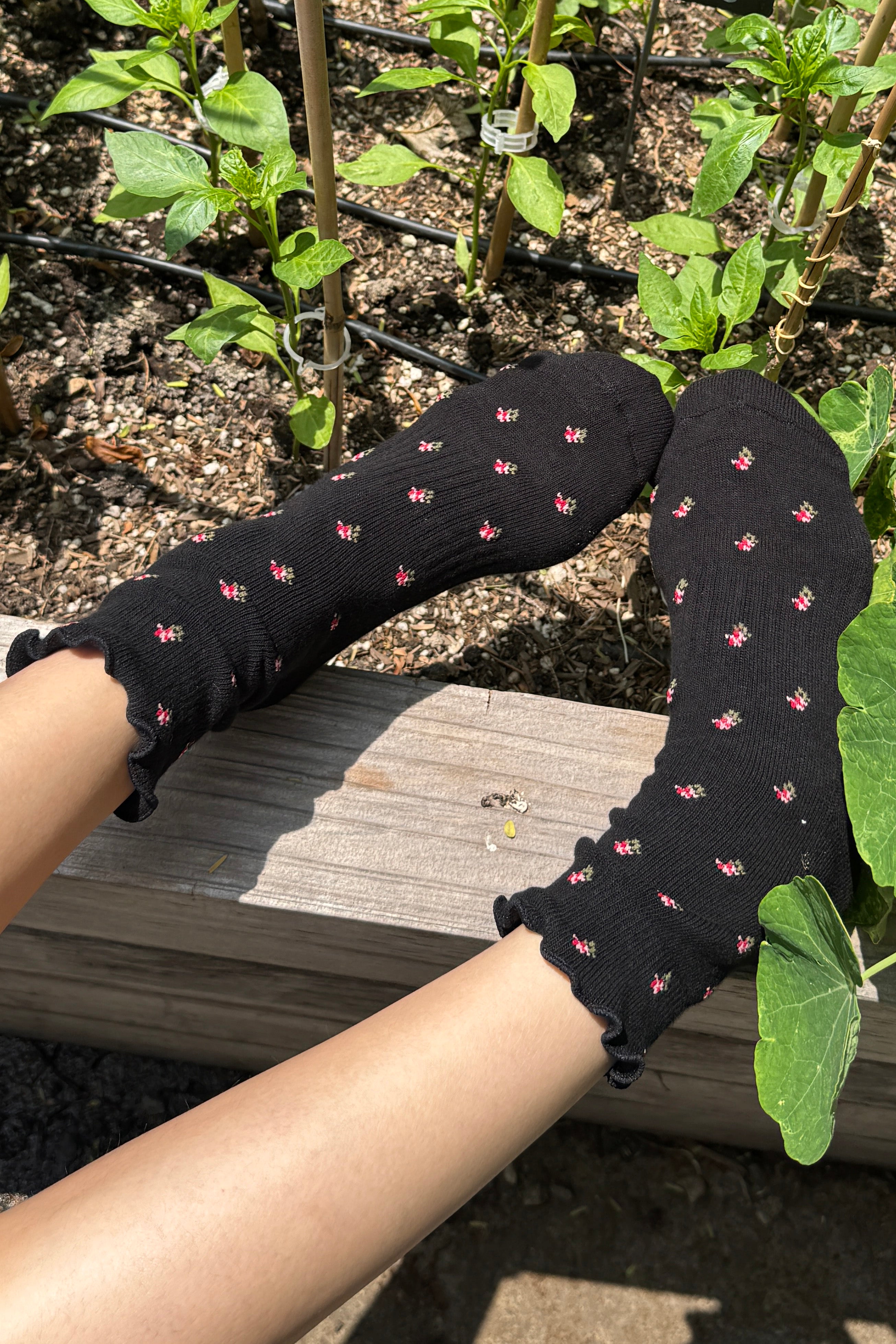 Petal Ruffled Hugger Crew Sock - Black Petal