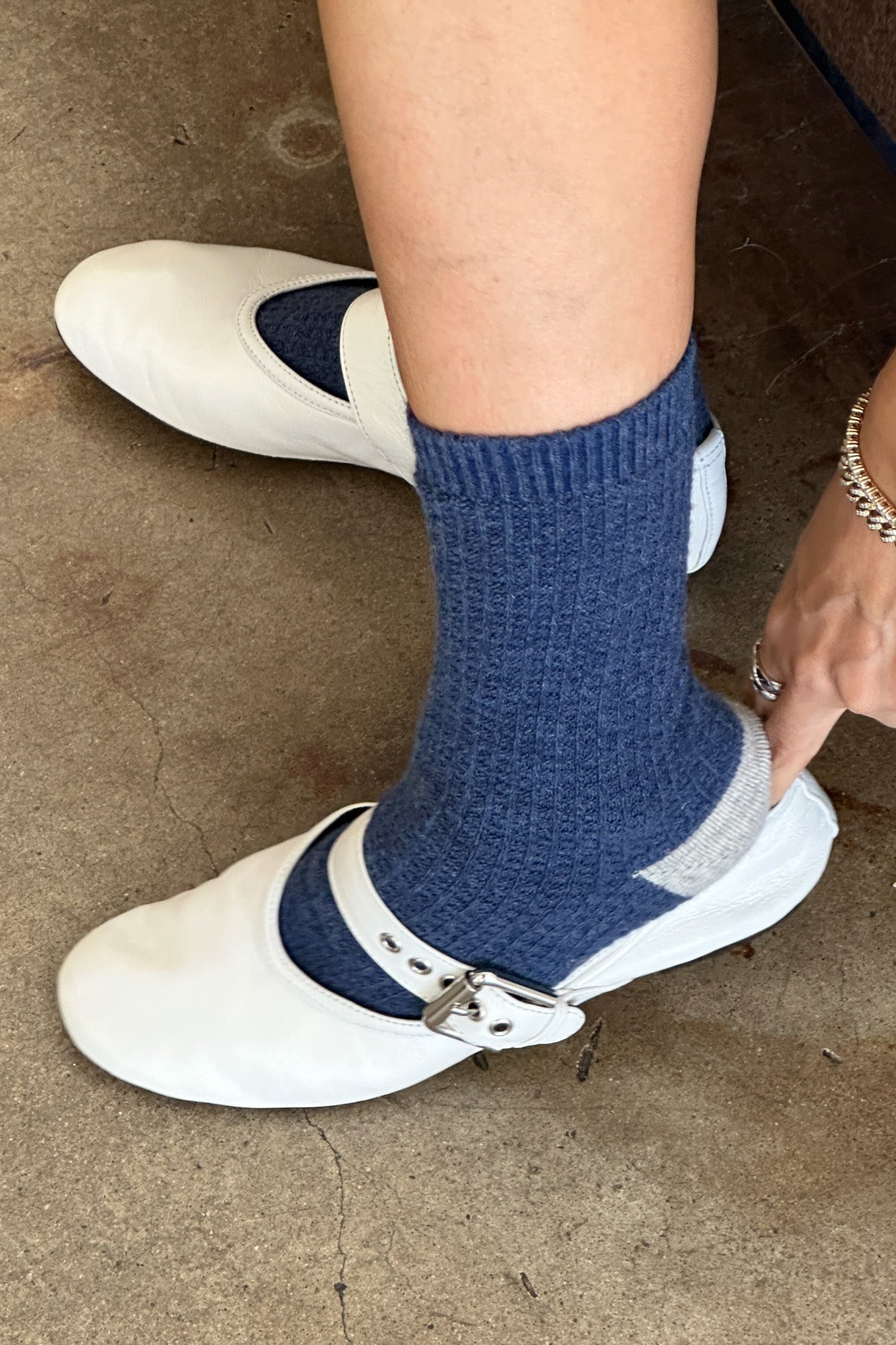 Wool Waffled Socks - Denim / Stone