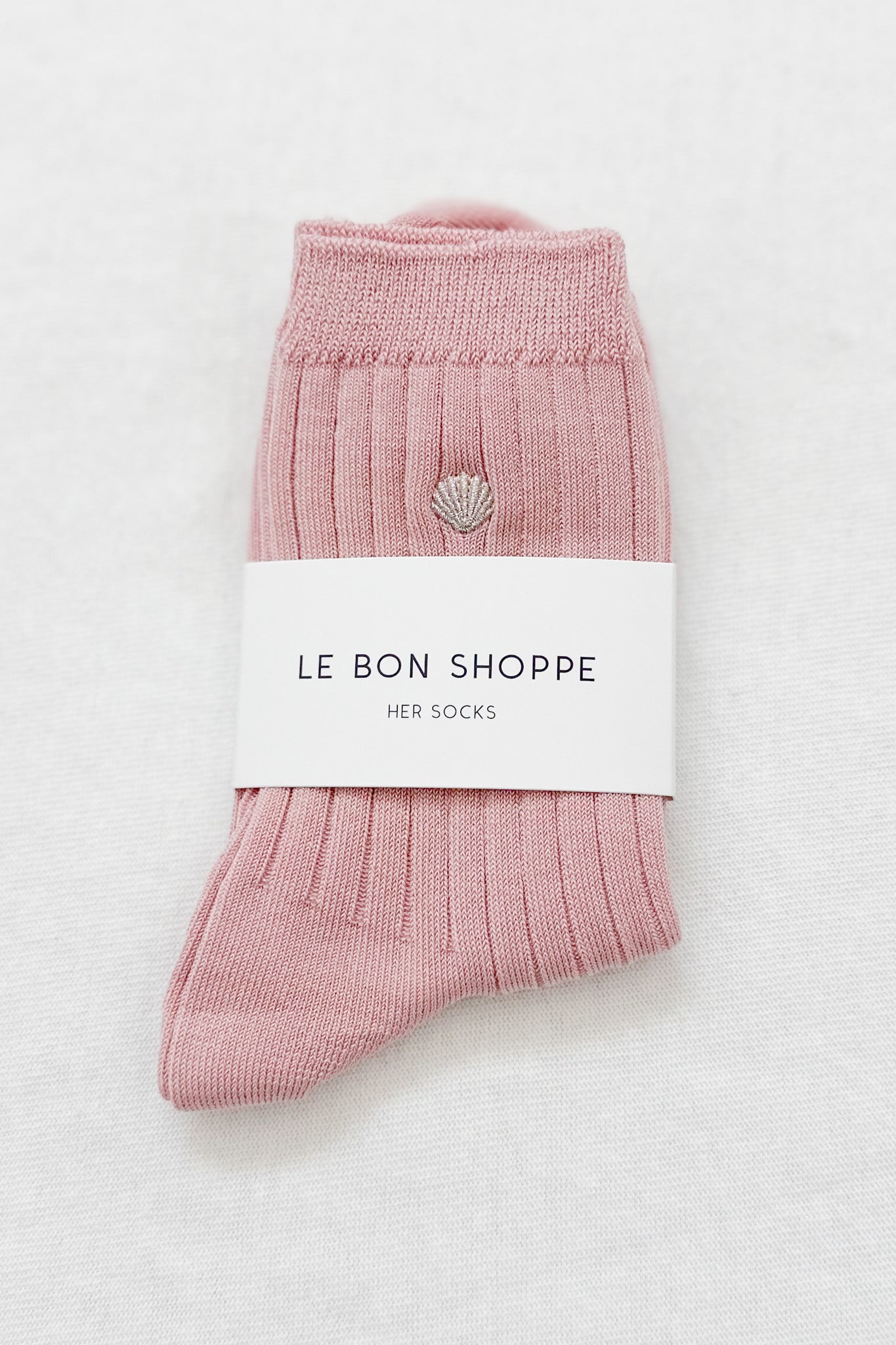 Ses Chaussettes Brodées (Coton MC) - Soda Rose + Coquillage Argenté