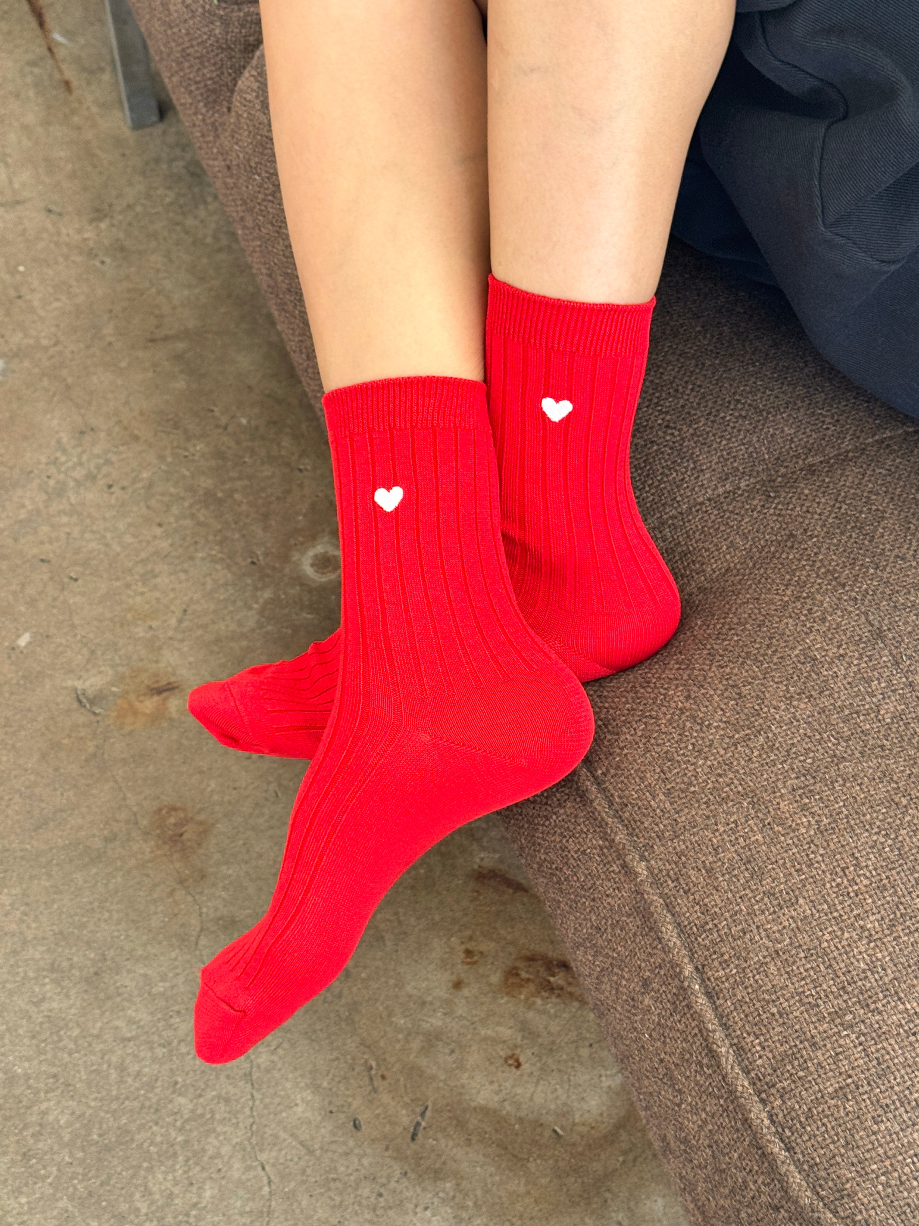 Embroidered Her Socks (MC cotton) - CLASSIC RED + HEART
