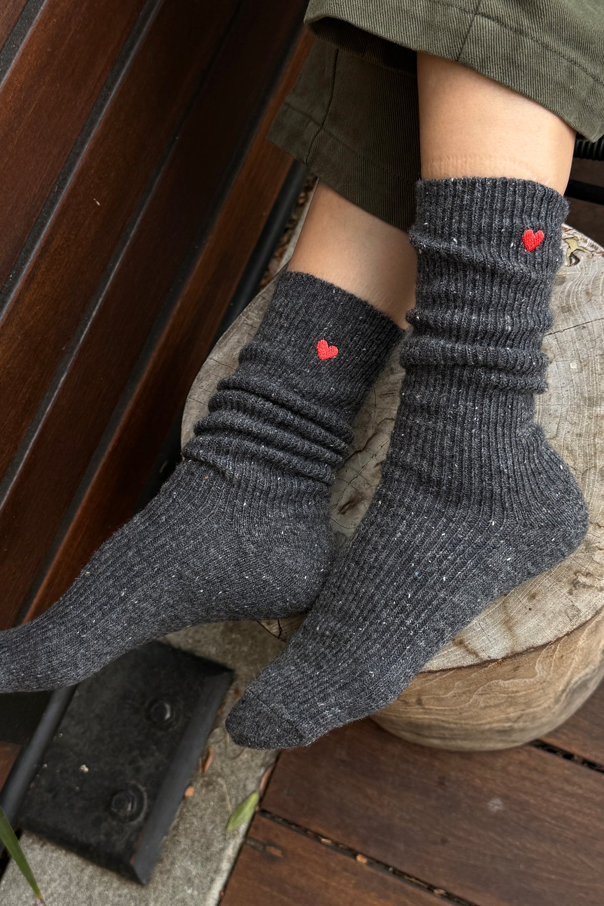 Embroidered Snow Socks - CHARCOAL + HEART