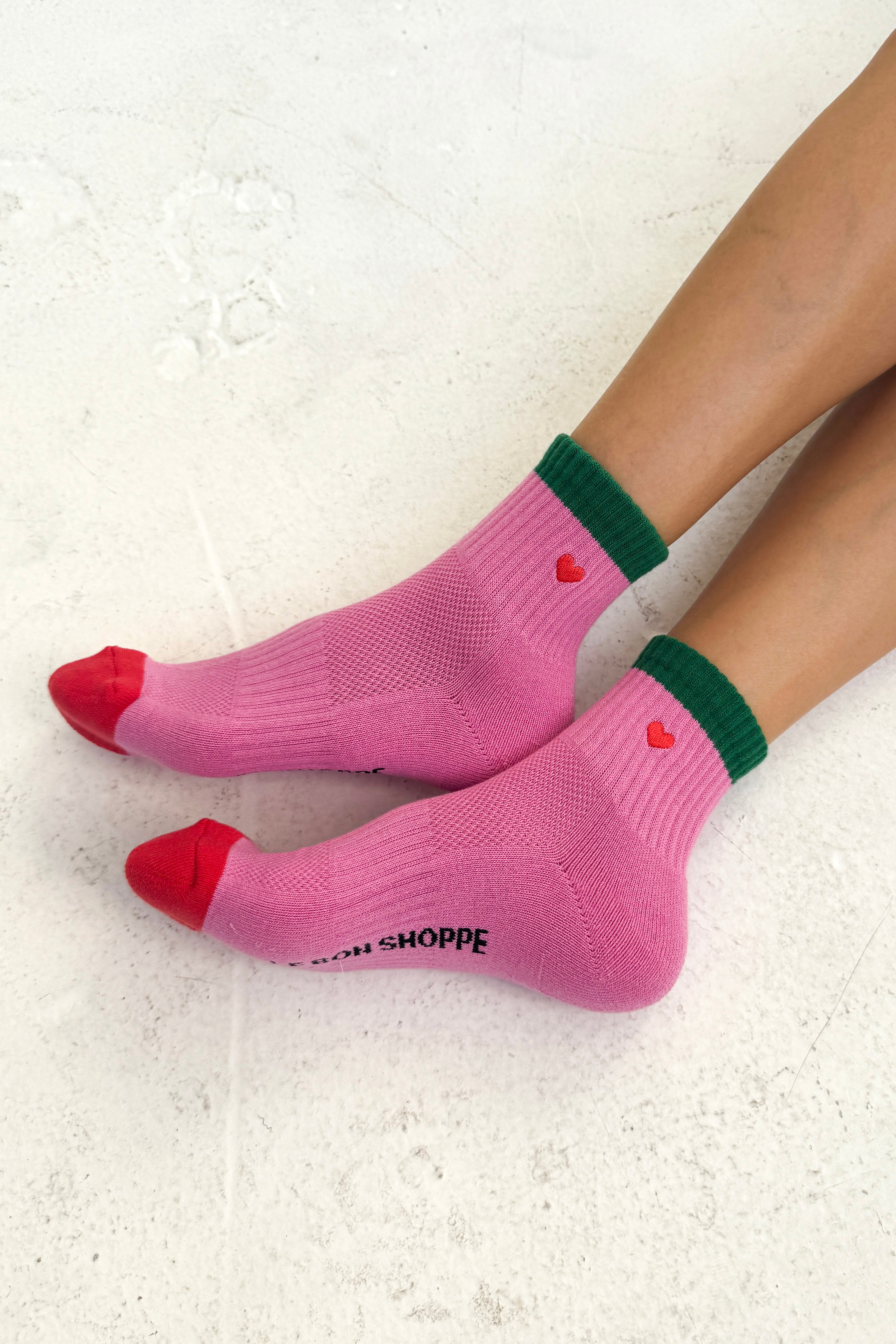Embroidered Color Block Girlfriend Socks - Rose Green + Heart