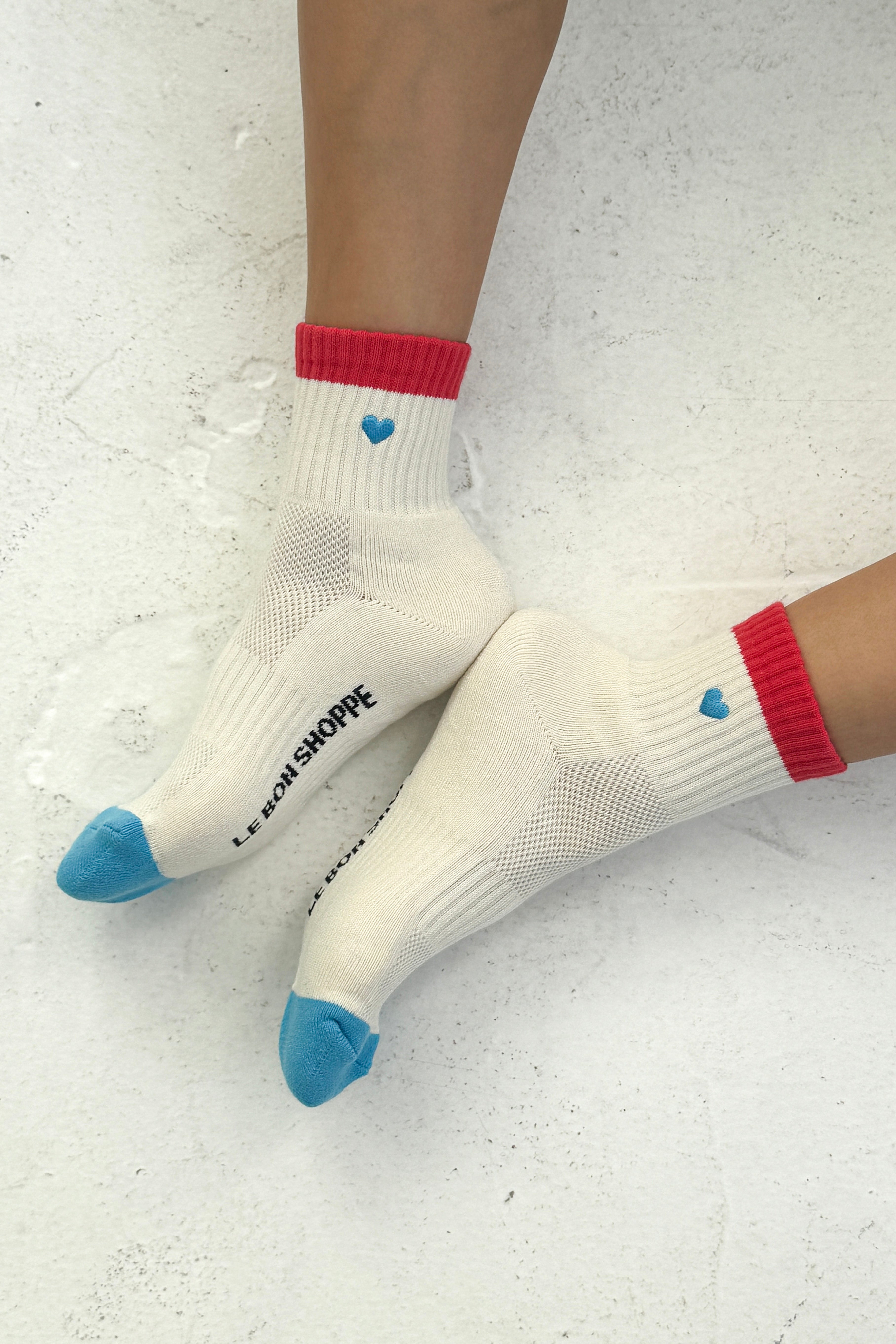 Embroidered Color Block Girlfriend Socks - Blue Red + Heart