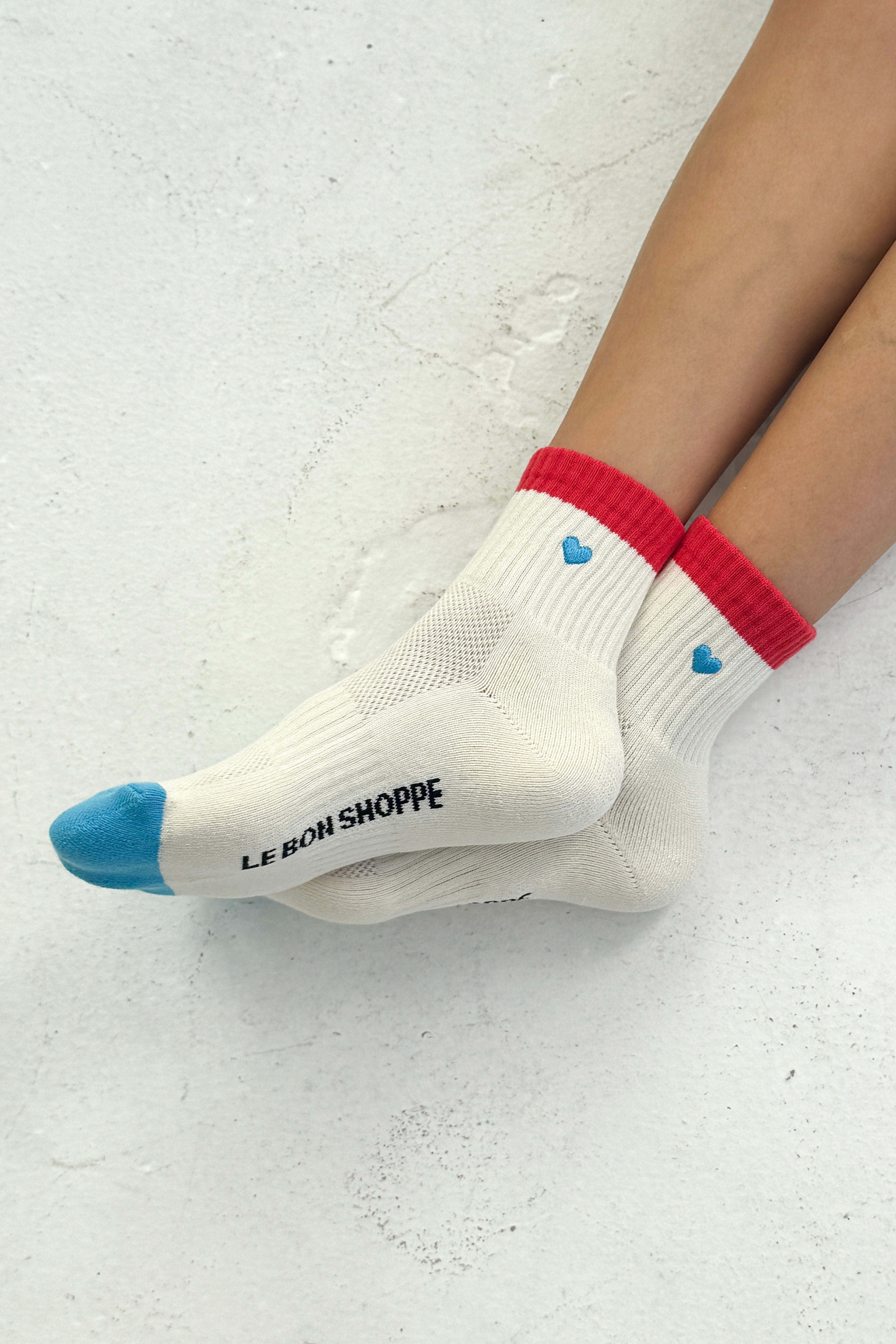 Embroidered Color Block Girlfriend Socks - Blue Red + Heart