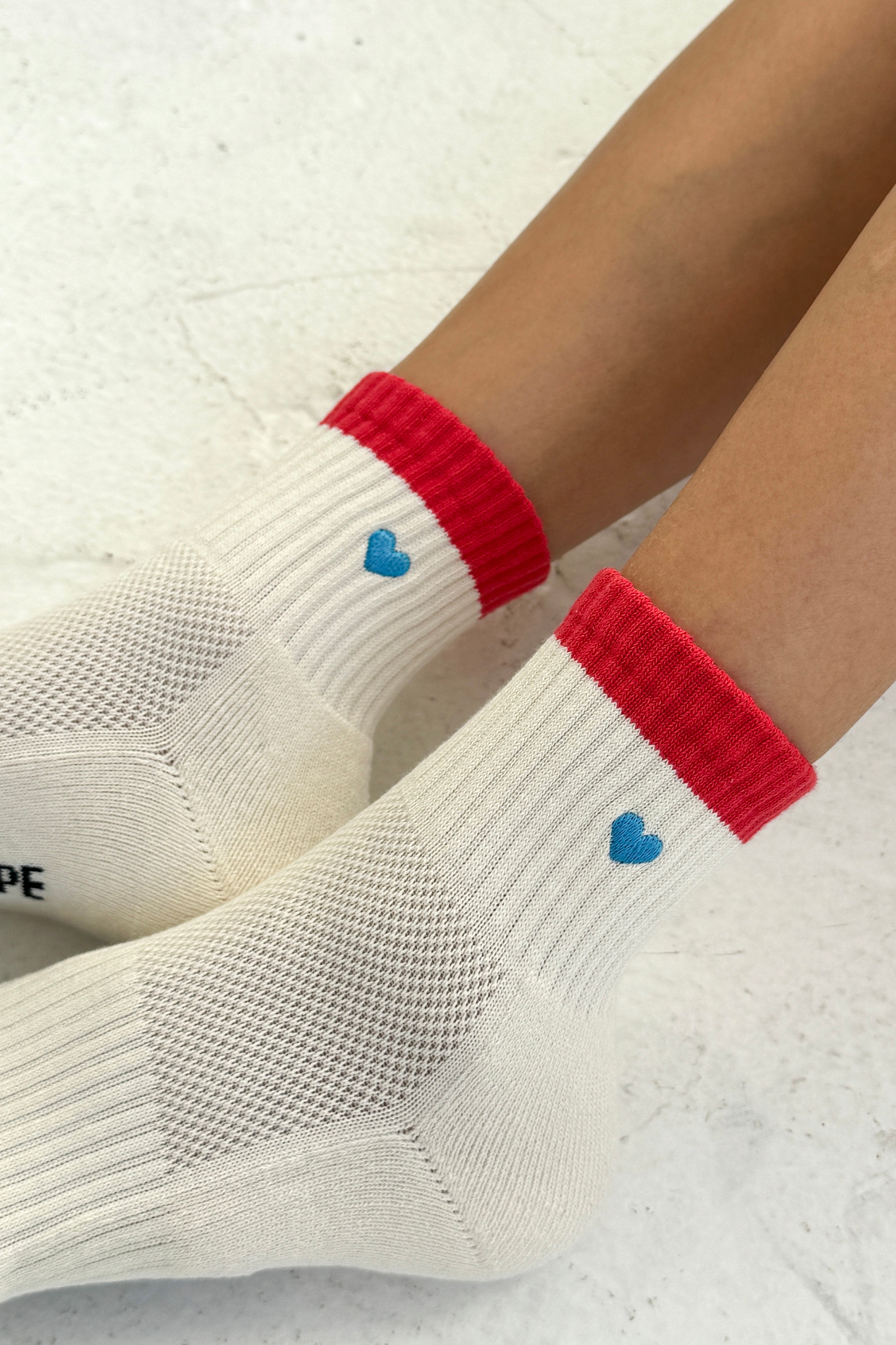 Embroidered Color Block Girlfriend Socks - Blue Red + Heart
