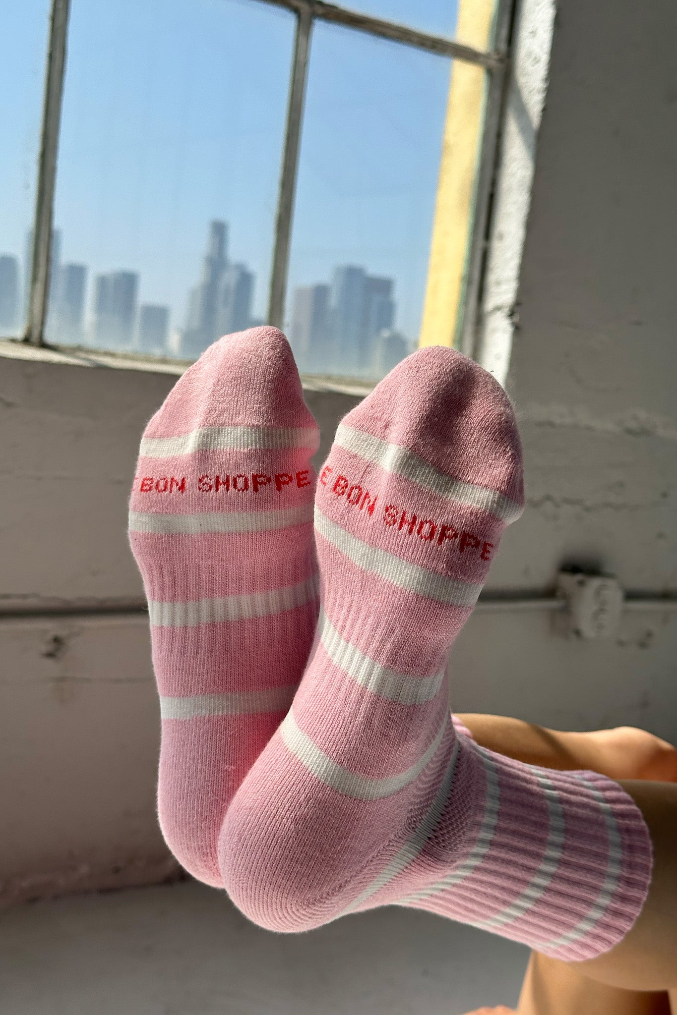 Striped Boyfriend Socks - Pink White Stripe