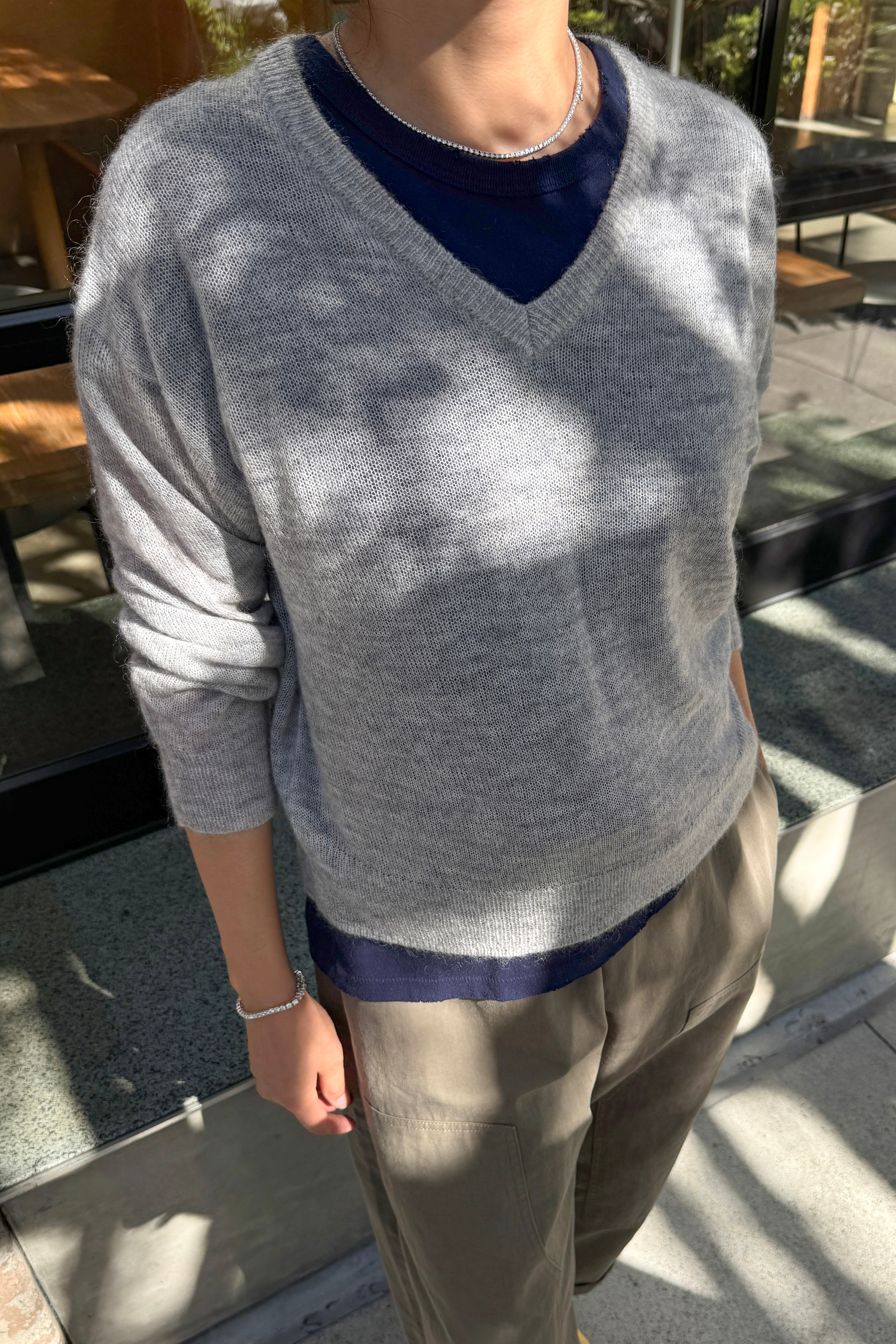 Matthew V-Neck Mohair Sweater- Icy Grey