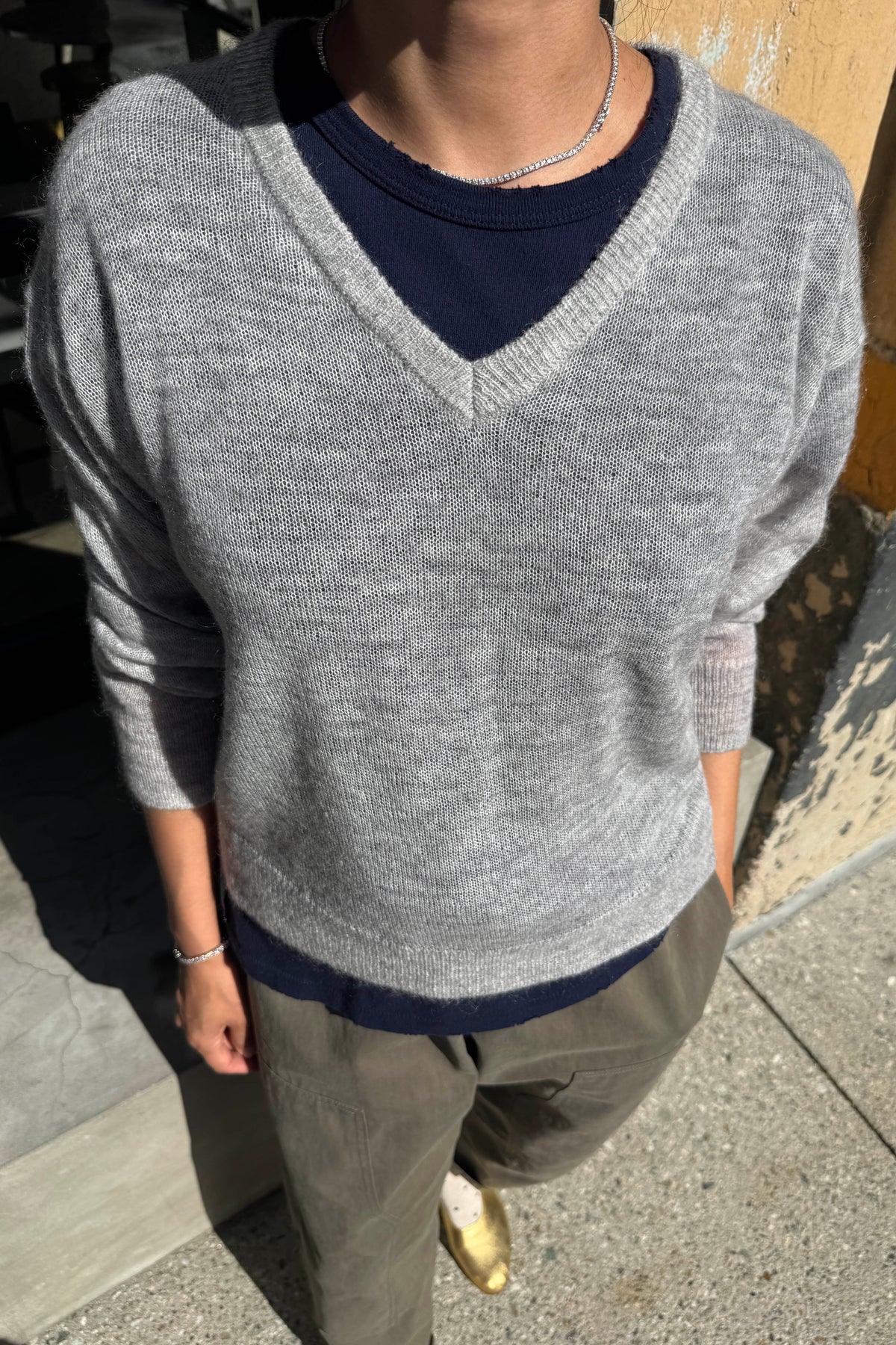 Matthew V-Neck Mohair Sweater- Icy Grey
