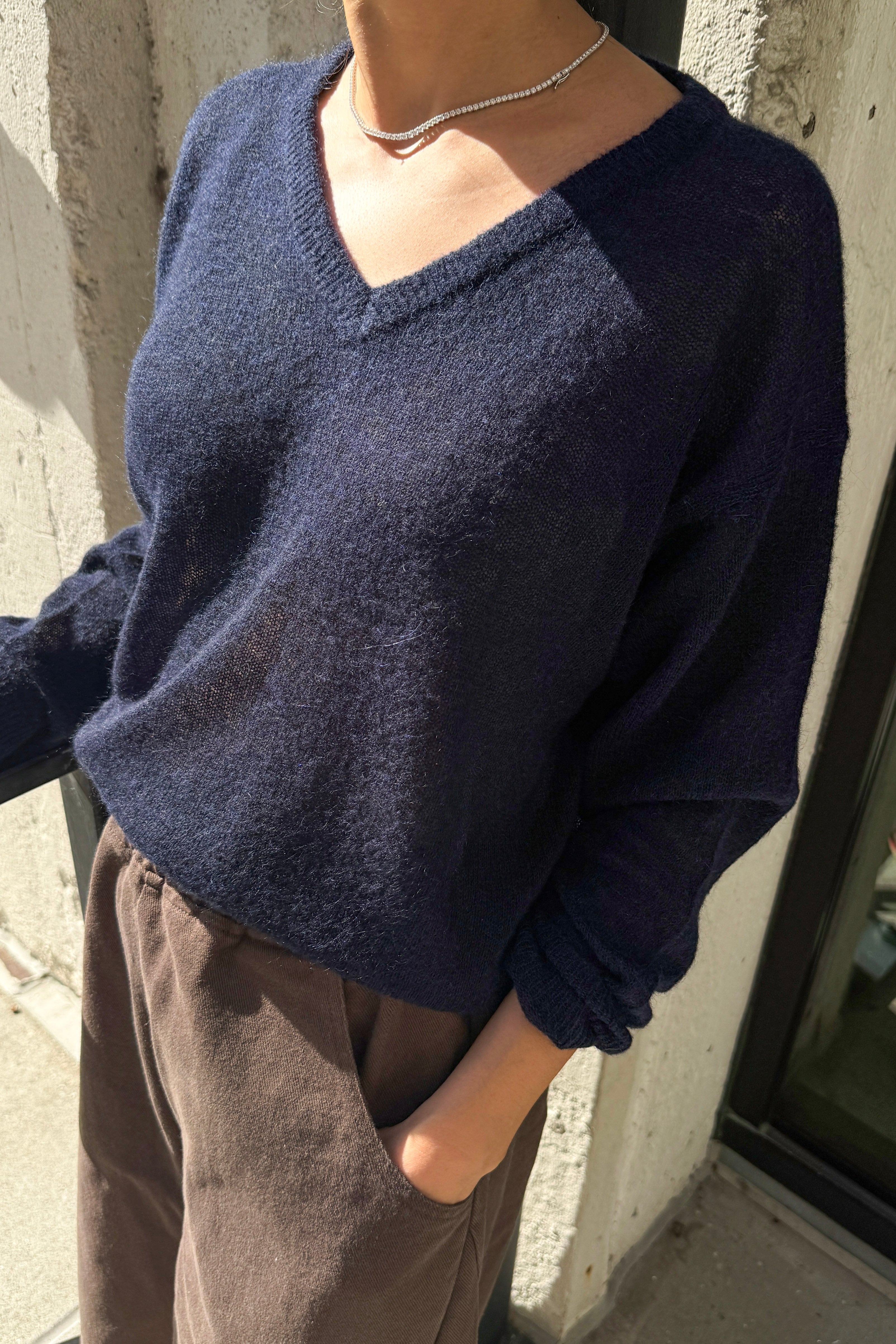 Matthew V-Neck Mohair Sweater- Navy