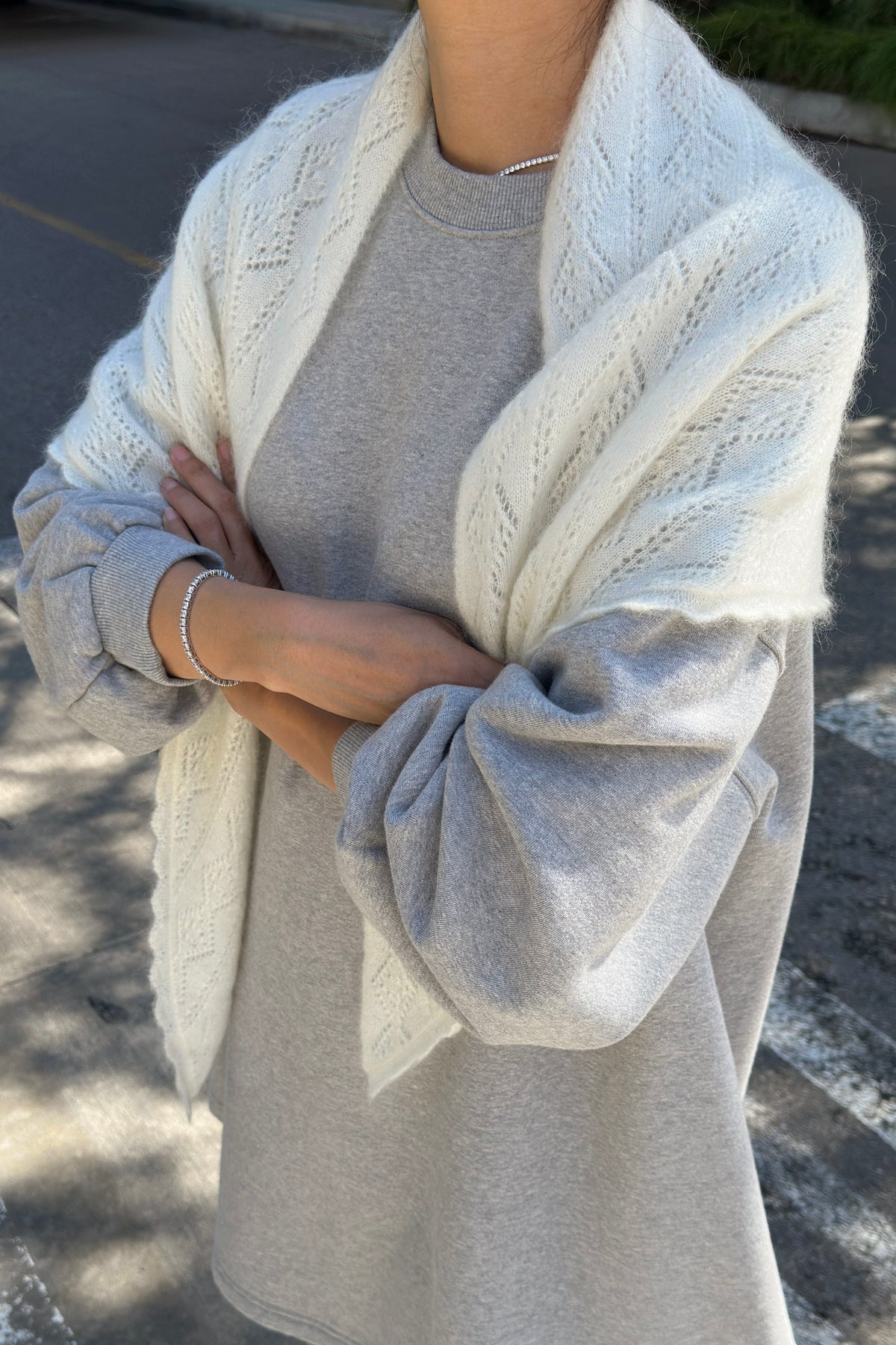Mohair Pointelle Shawl - Pearl