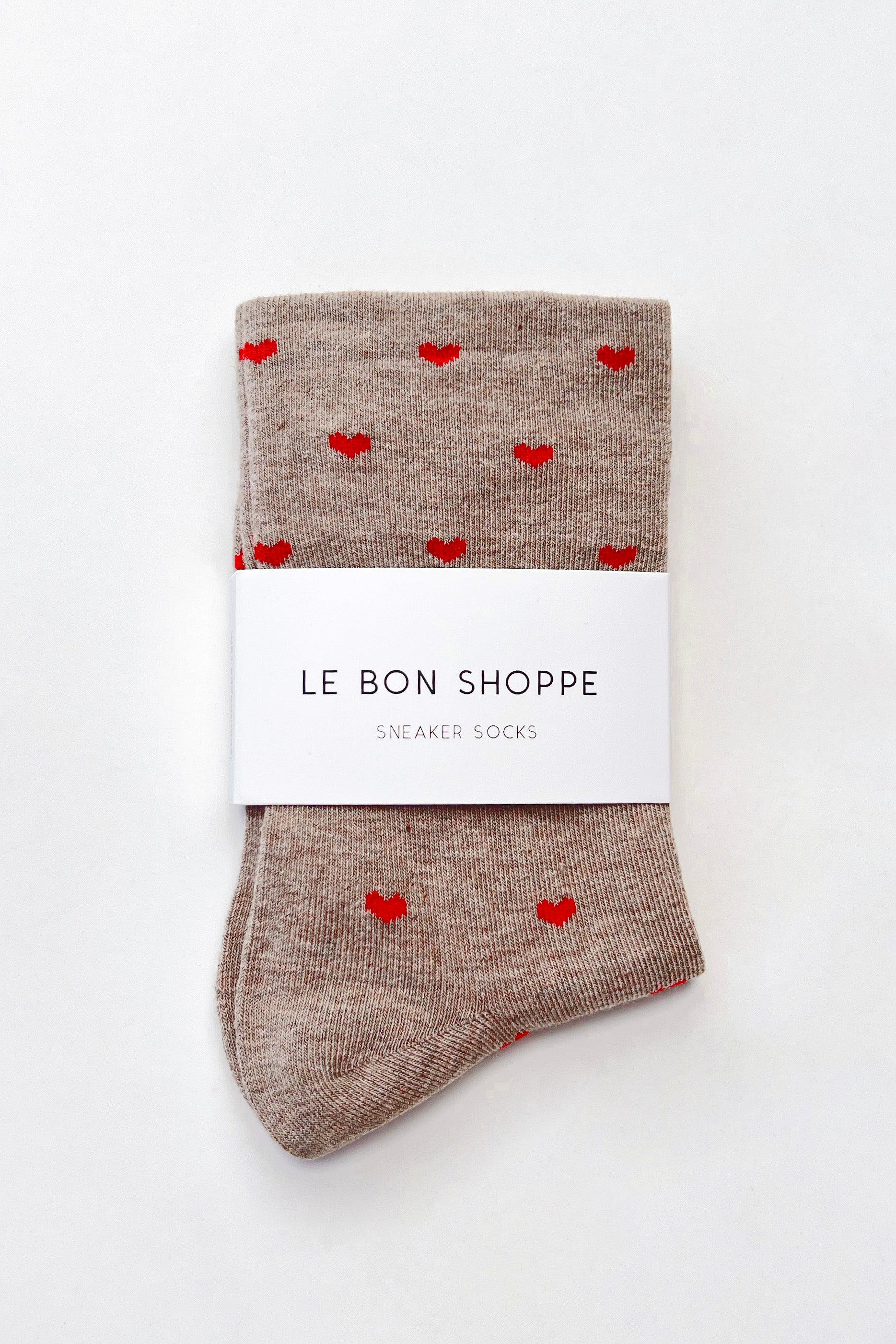Heart Sneaker Socks - Latte/ Red