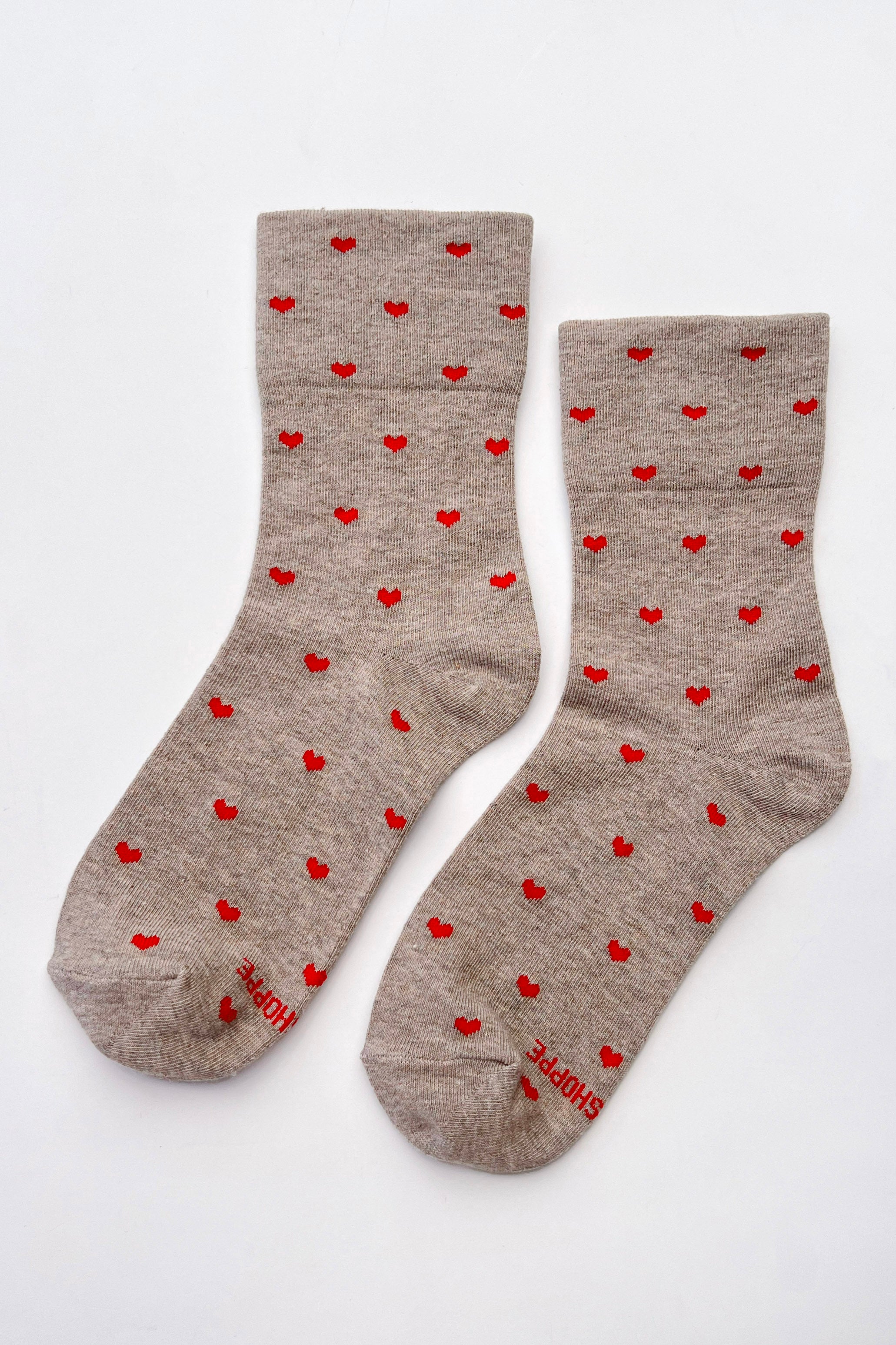 Heart Sneaker Socks - Latte/ Red