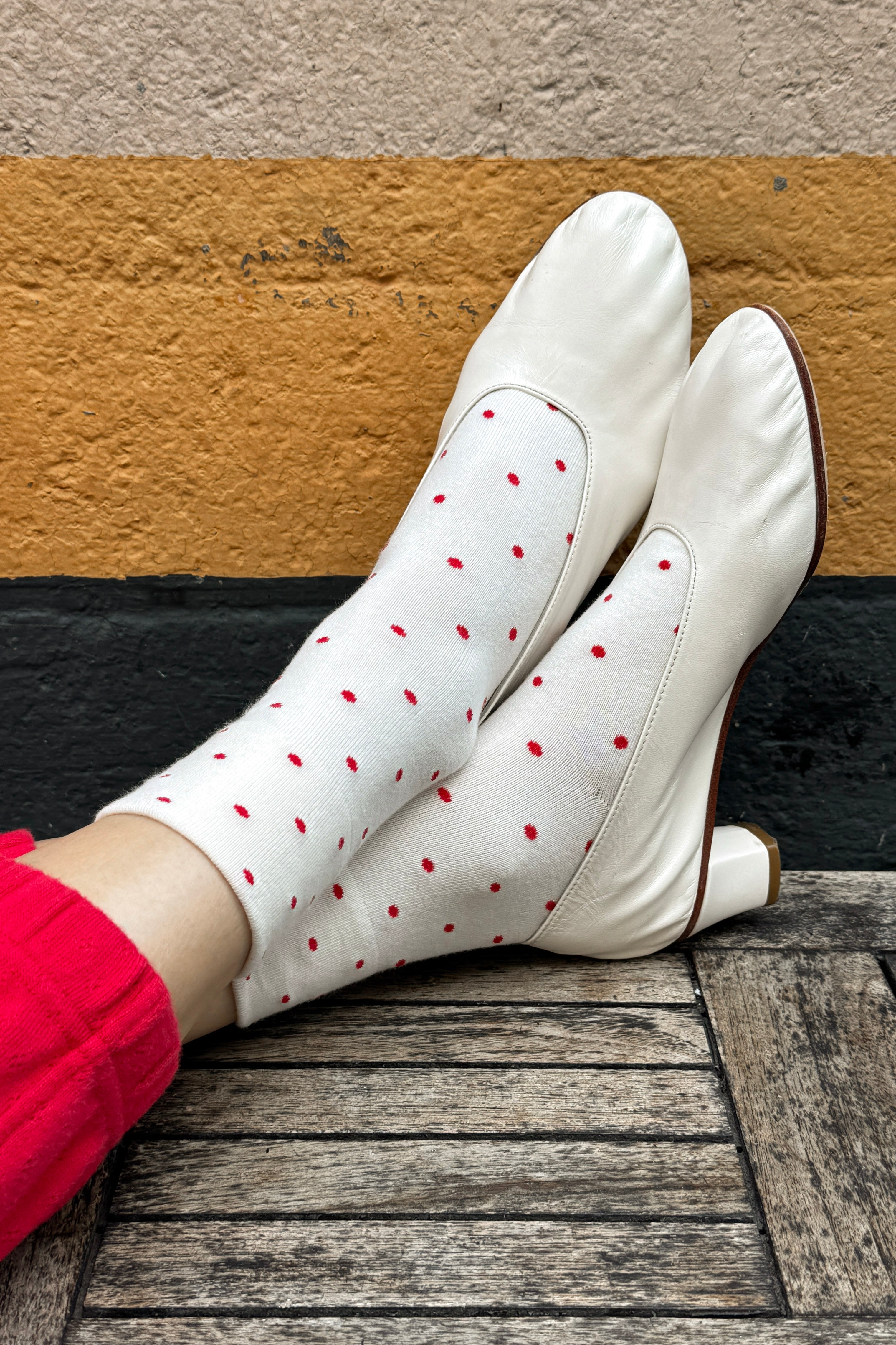 Polka Dot Sneaker Socks - Cream/Red