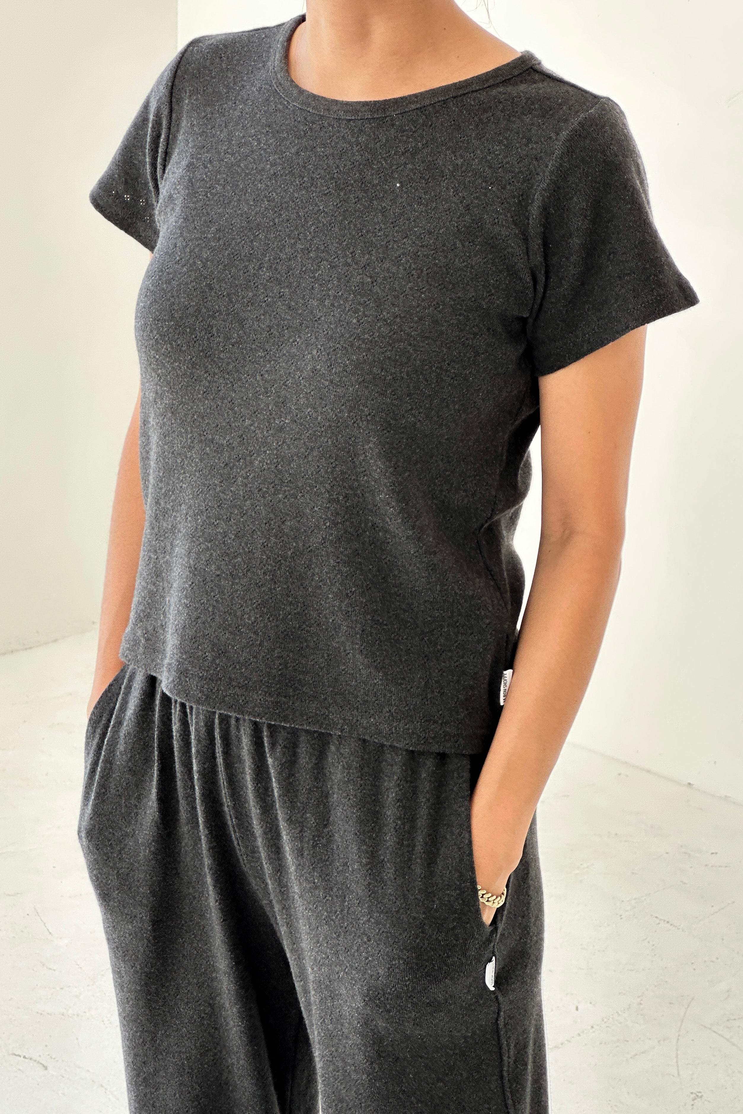 Pointelle Babe Tee - Charcoal