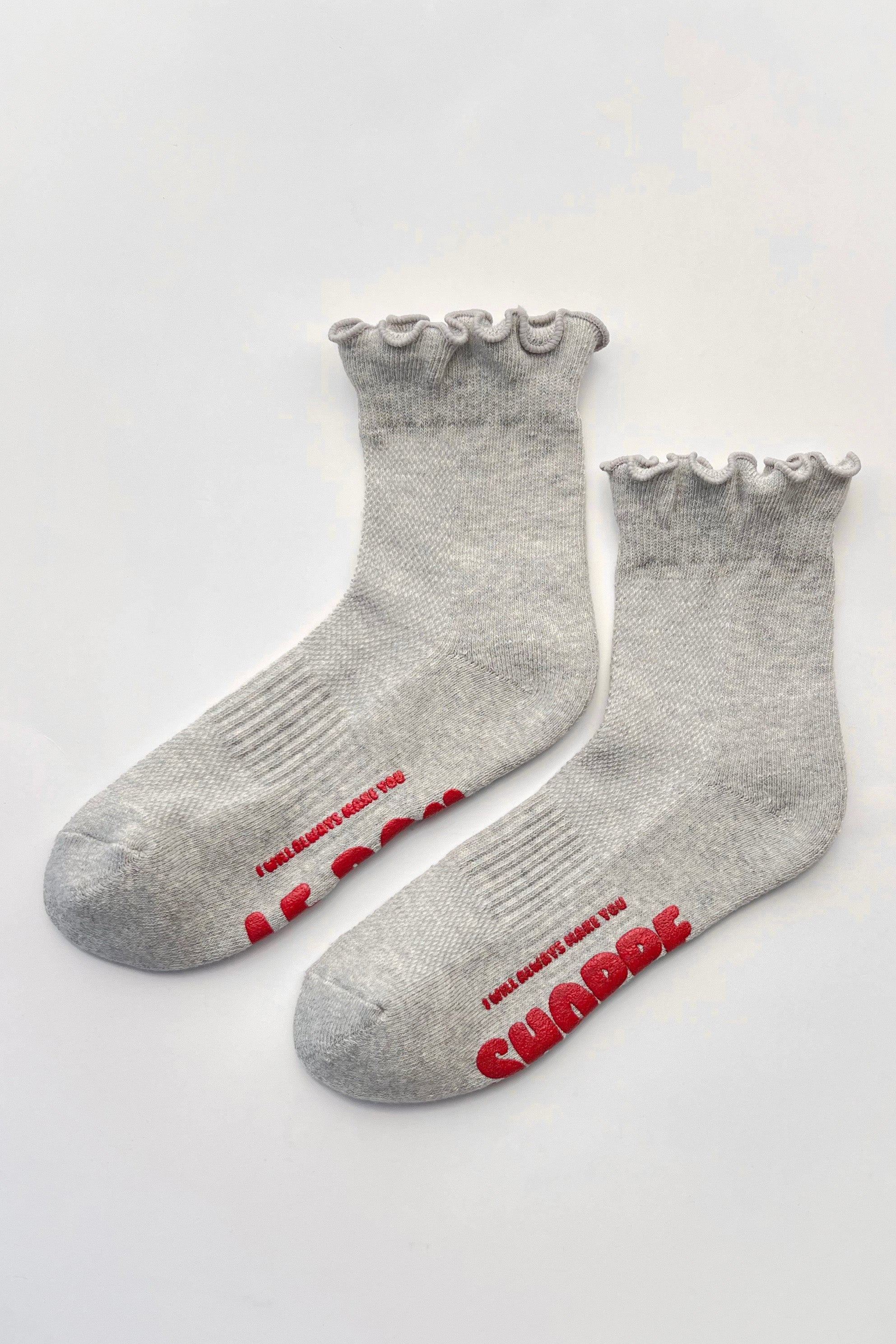 Ruffled Hugger Crew Socks - Ht. Grey/Red