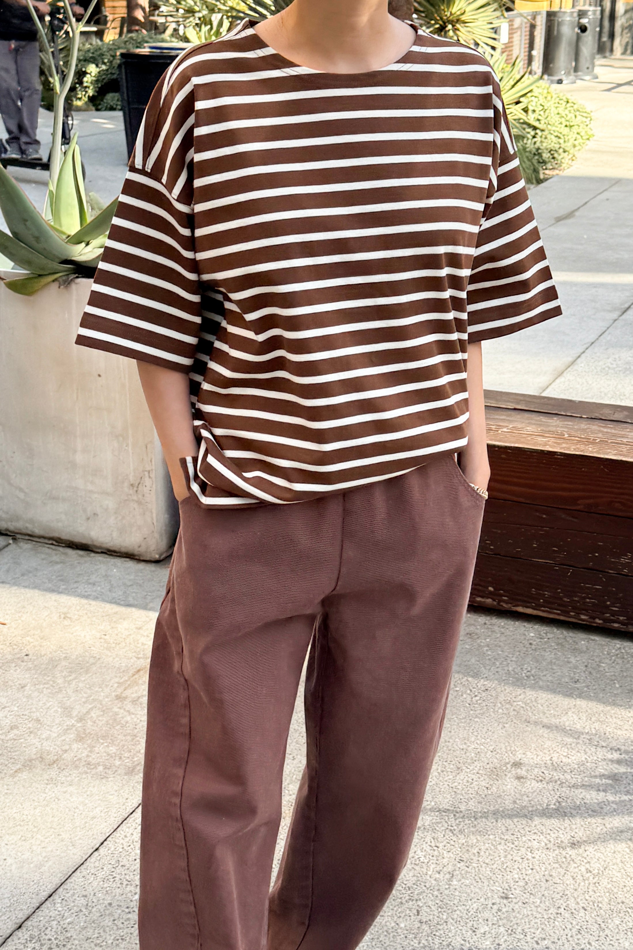 Voyage Tee - White Stripe on Coffee