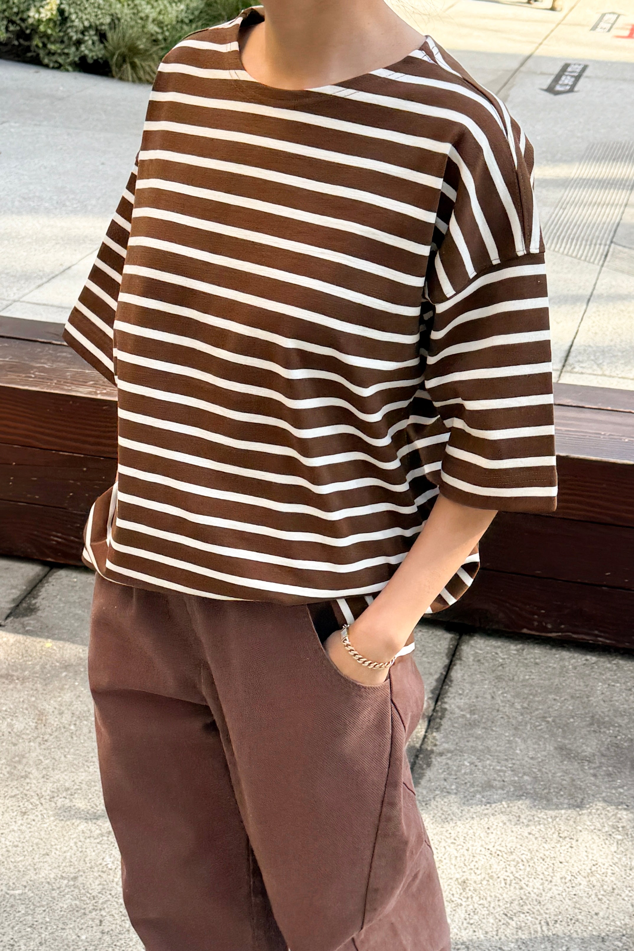 Voyage Tee - White Stripe on Coffee