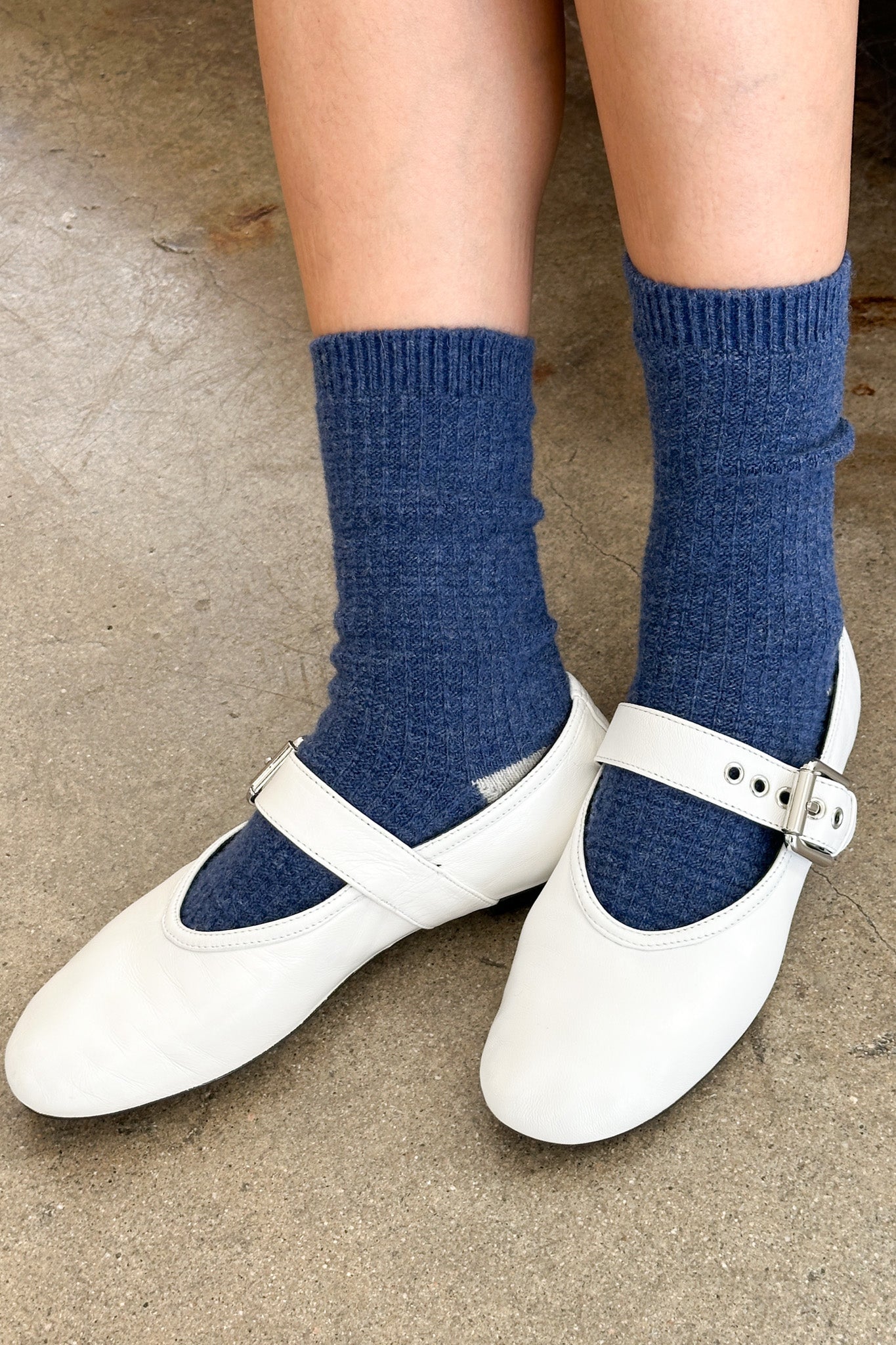 Wool Waffled Socks - Denim / Stone